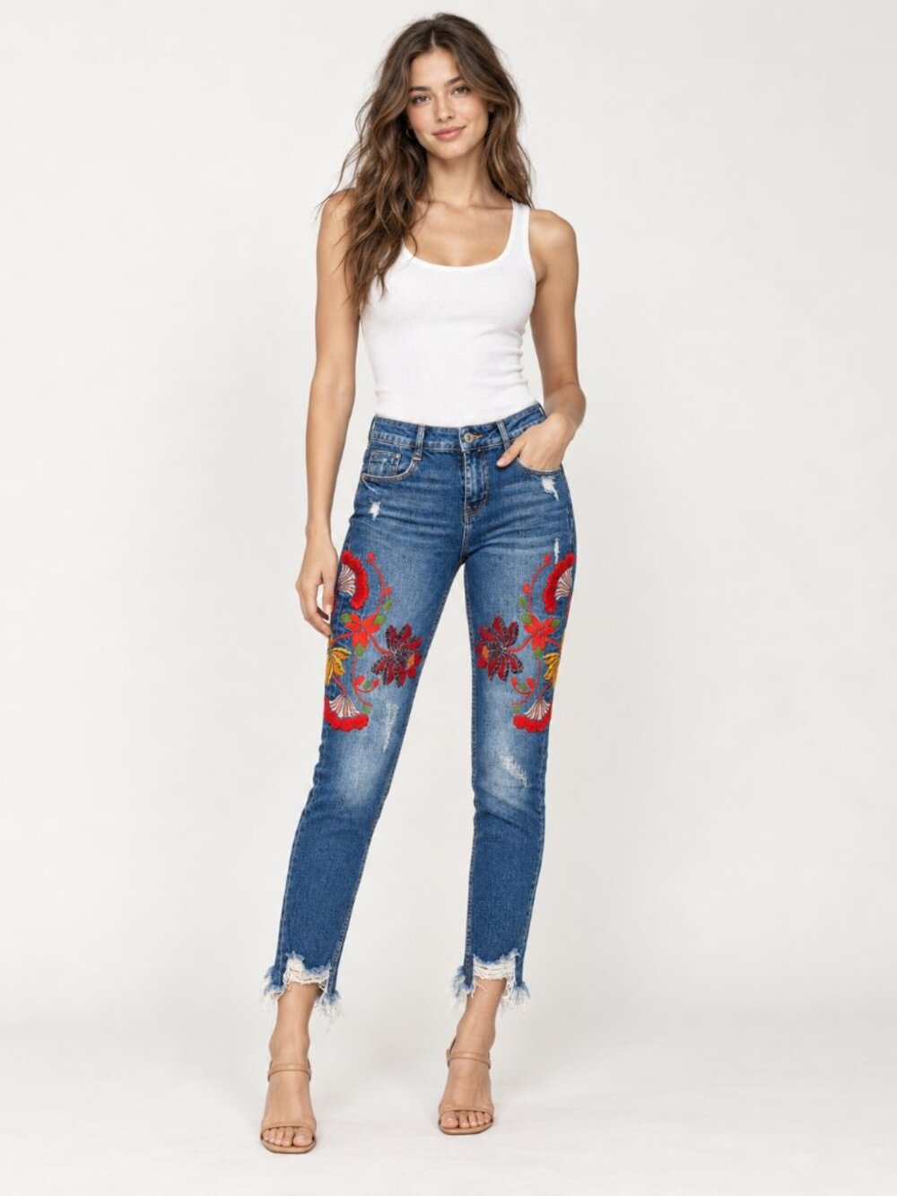 Zara Trafaluc Floral Embroidered Distressed Jeans Raw Hem